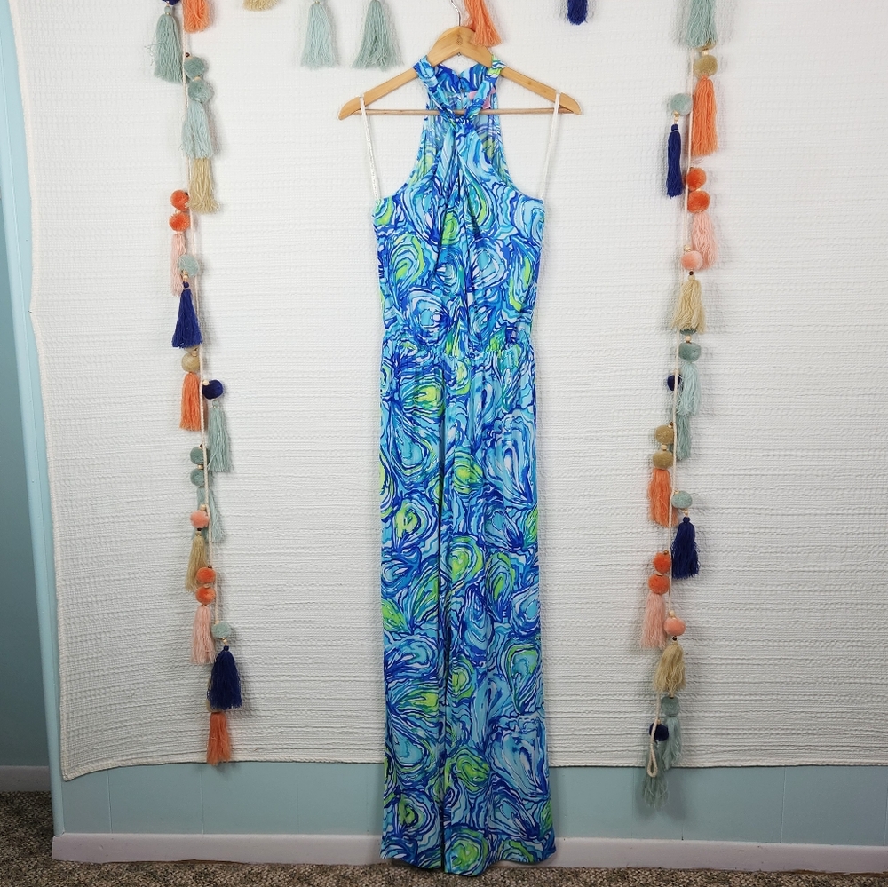 Lilly Pulitzer Blue Swirl Oyster Halter Jumpsuit - Picture 3 of 9